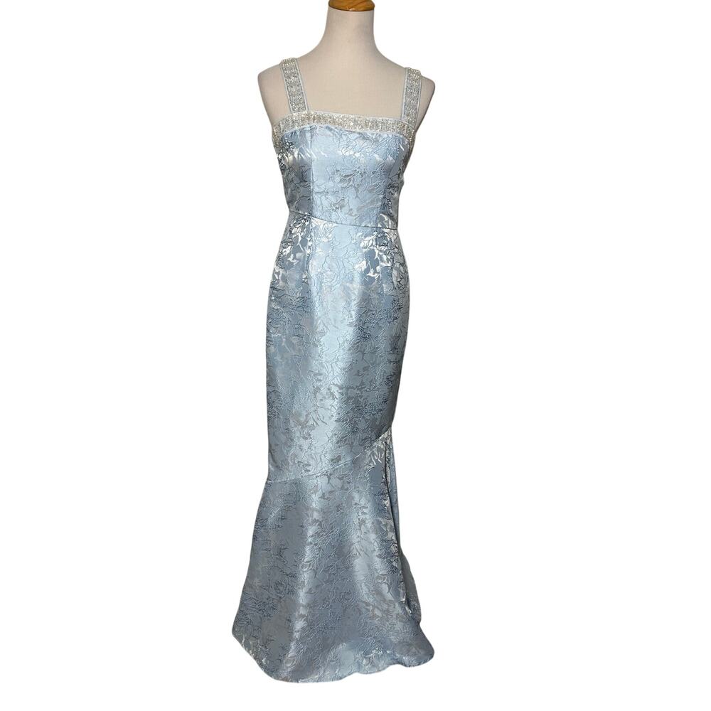 Blue Jacquard Sequin Corset Back Removable Bow Dress Long Gown Sz S - Picture 3 of 16